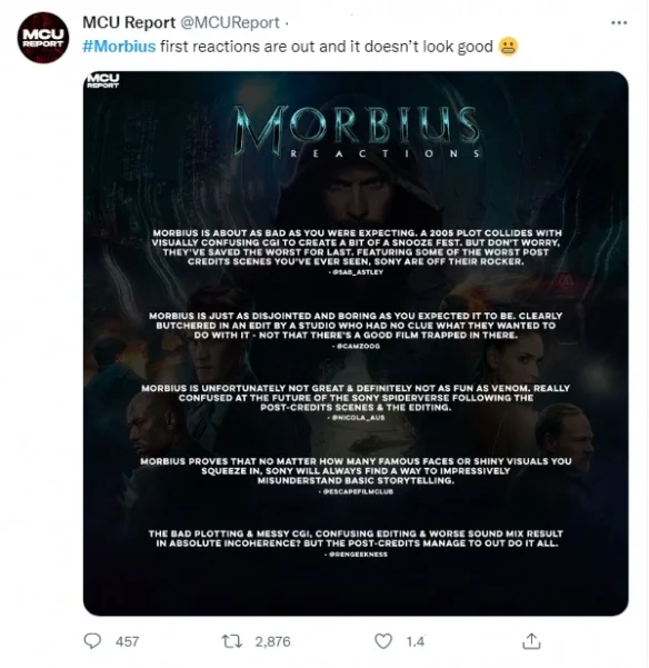 The social media word of mouth of "Morbius" has been released, and the response has not been very good